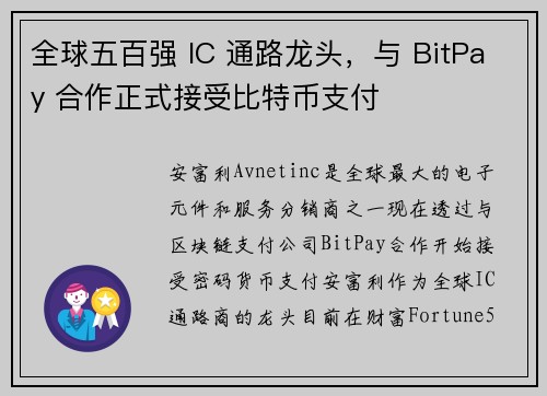 全球五百强 IC 通路龙头，与 BitPay 合作正式接受比特币支付